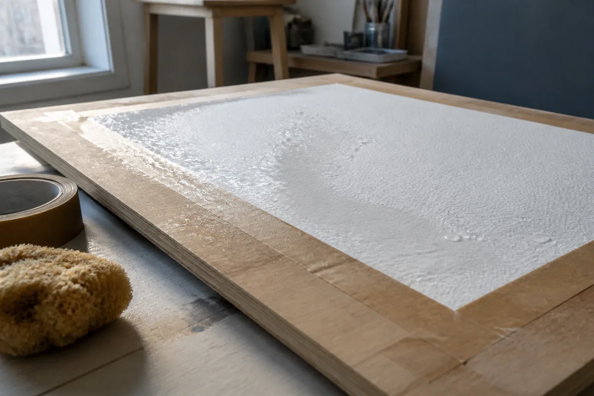 Feuille d aquarelle tendue sur une planche de bois avec bande de papier gommé