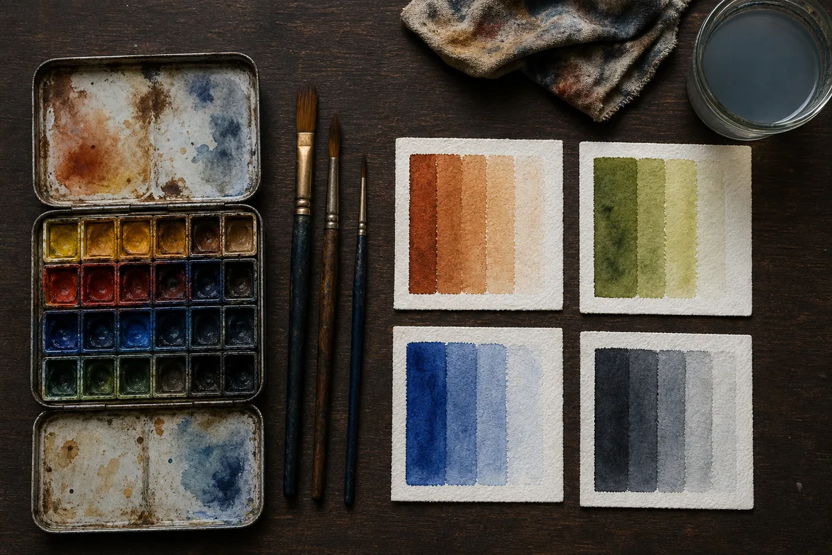 Godets d aquarelle et pinceaux posés près de nuanciers peints sur papiers texturés