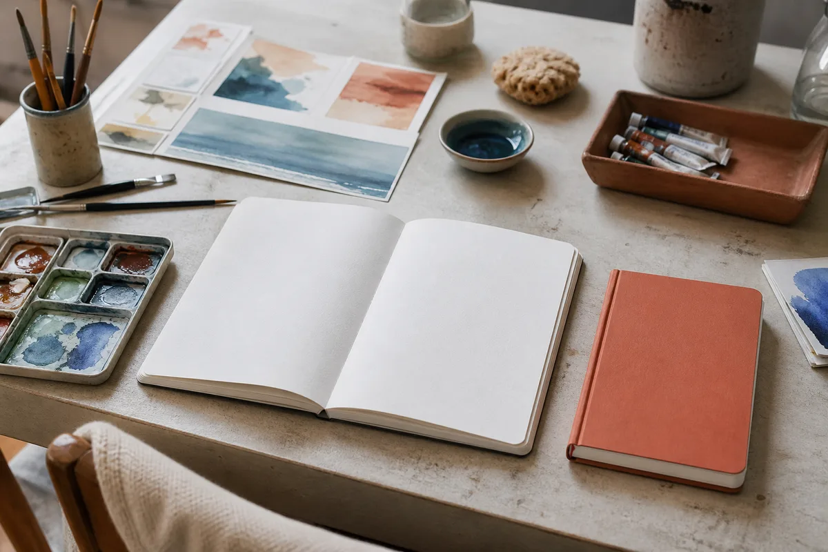 Carnet A5 ouvert à côté d’un carnet A6 fermé sur un plan de travail