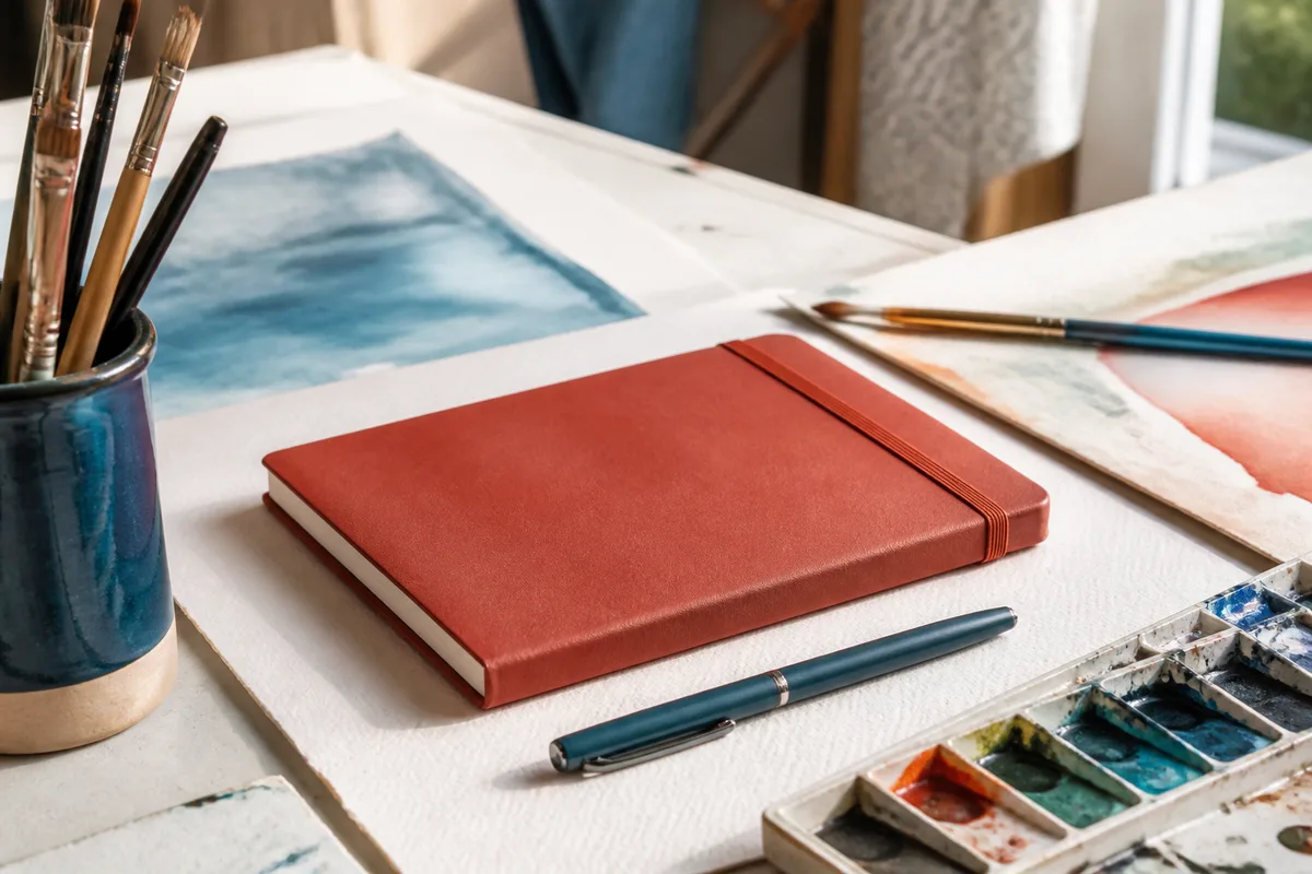 Carnet à couverture souple refermé par un élastique près d’un stylo