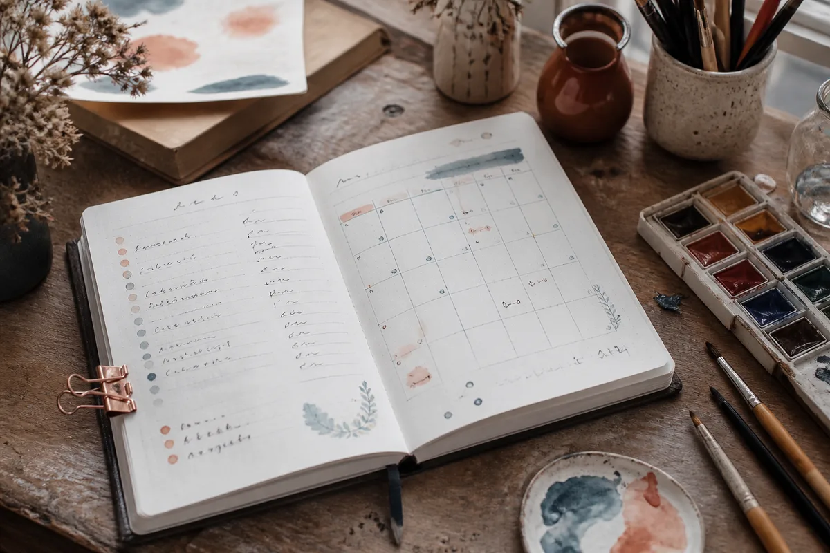 Carnet ouvert montrant un index manuscrit et une page mensuelle