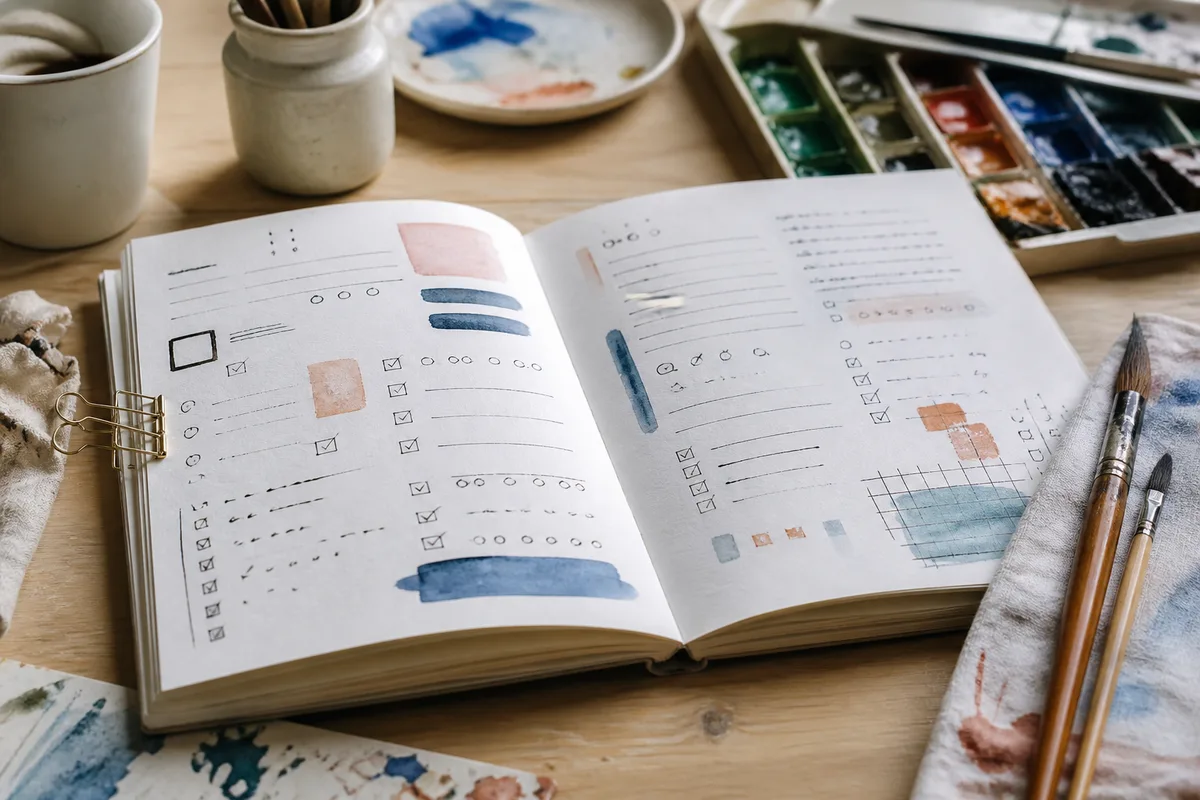 Double page de carnet avec listes, symboles et tâches cochées