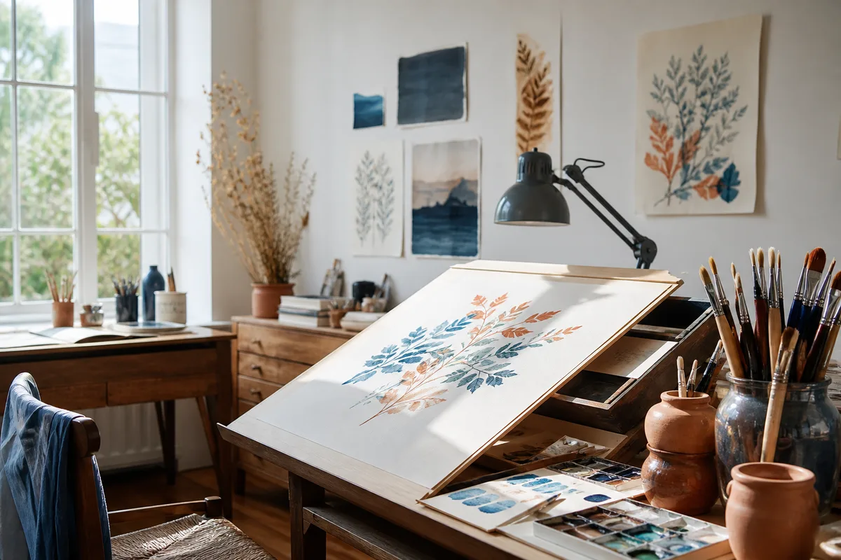 Planche imprimée en cours de calage sur un plan de travail d'atelier, avec repères et feuilles empilées