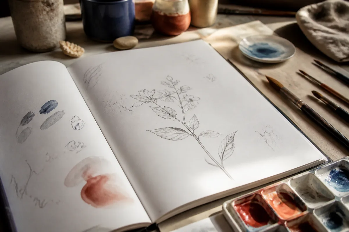 Carnet ouvert avec croquis au crayon d’une tige fleurie et notes manuscrites