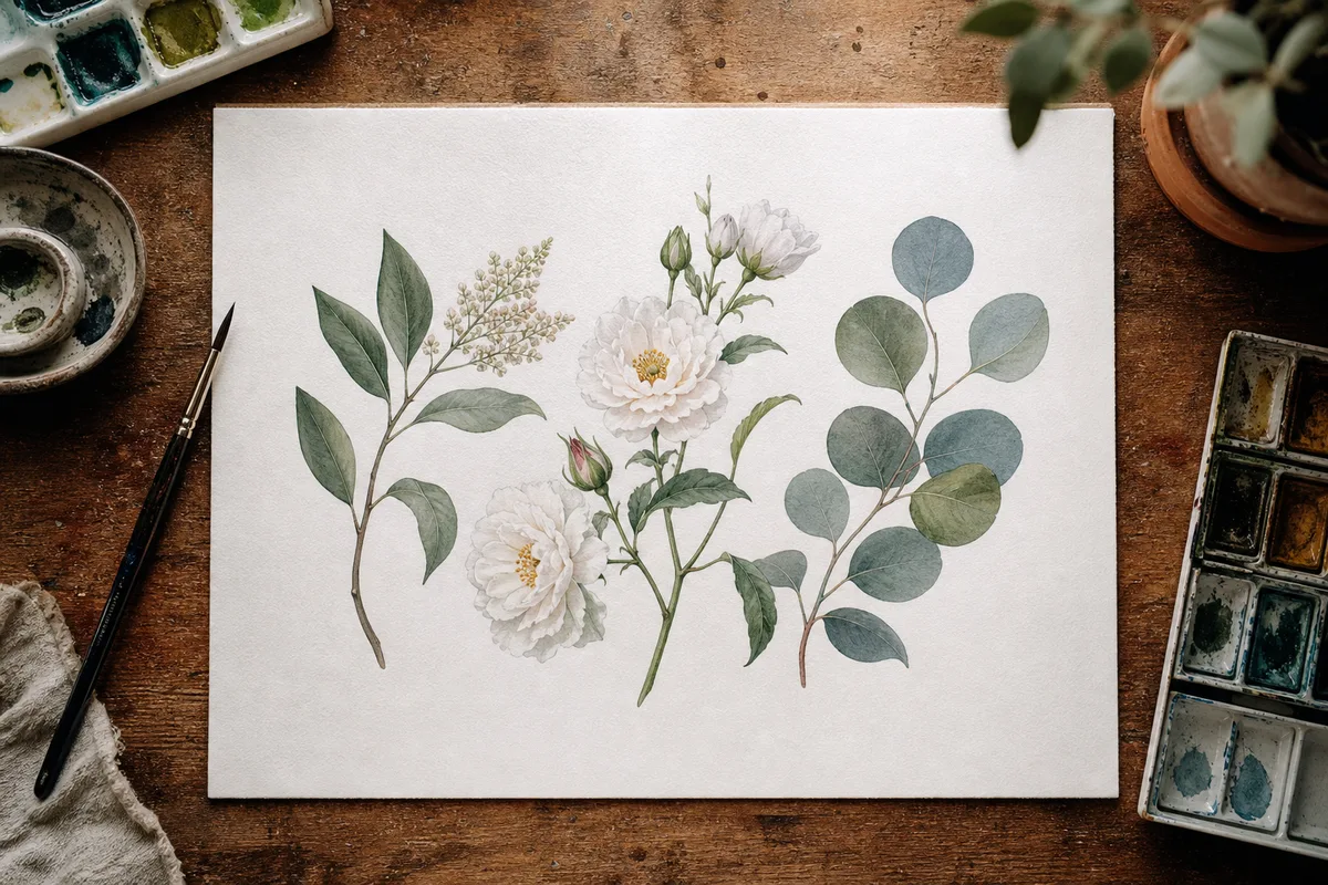 Planche botanique achevée posée à plat avec pinceau et godets d’aquarelle