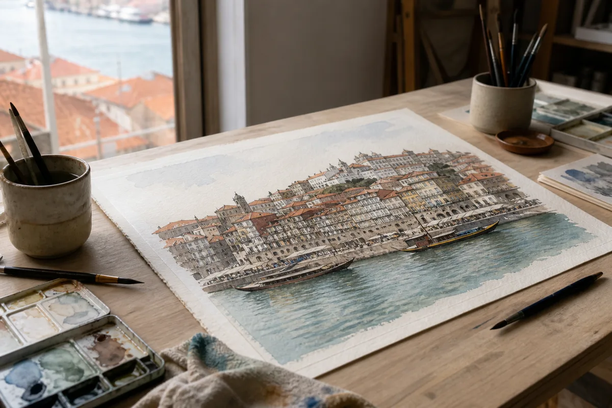 Vue dessinée des quais bordant le fleuve et des façades étagées sur la colline