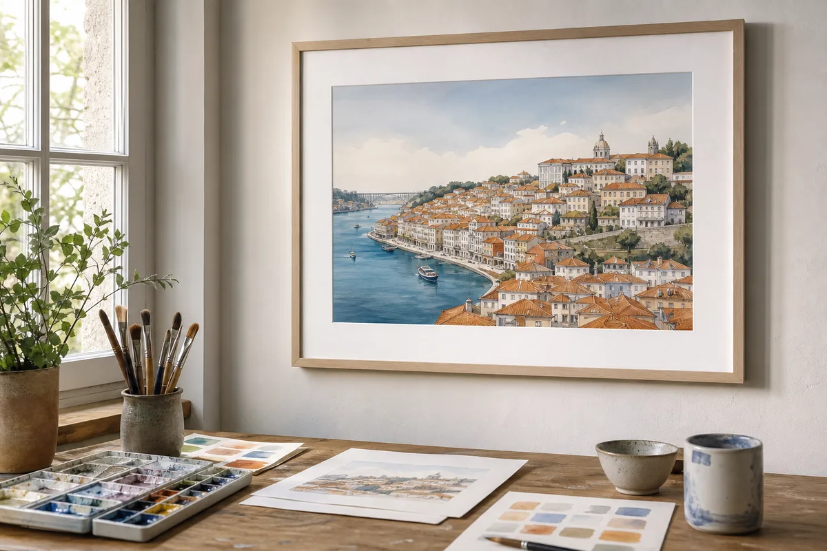 Affiche illustrée d’une ville encadrée sous marie-louise sur un mur clair
