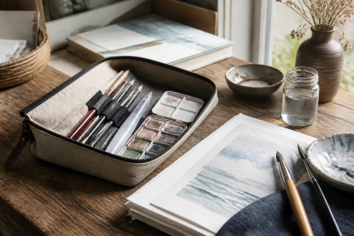 Trousse ouverte avec crayons, pinceau à réservoir et petite palette d’aquarelle