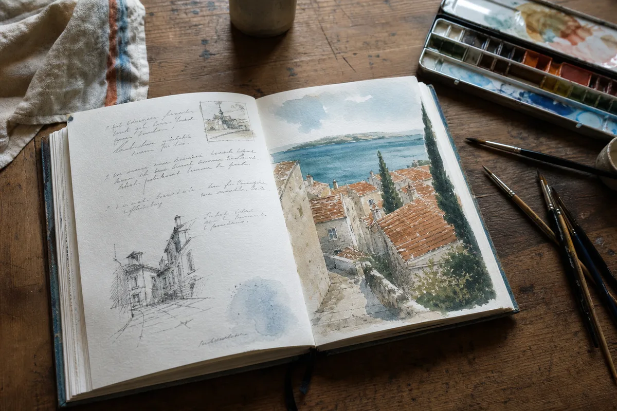 Carnet de voyage ouvert montrant un croquis à l’aquarelle et des notes manuscrites