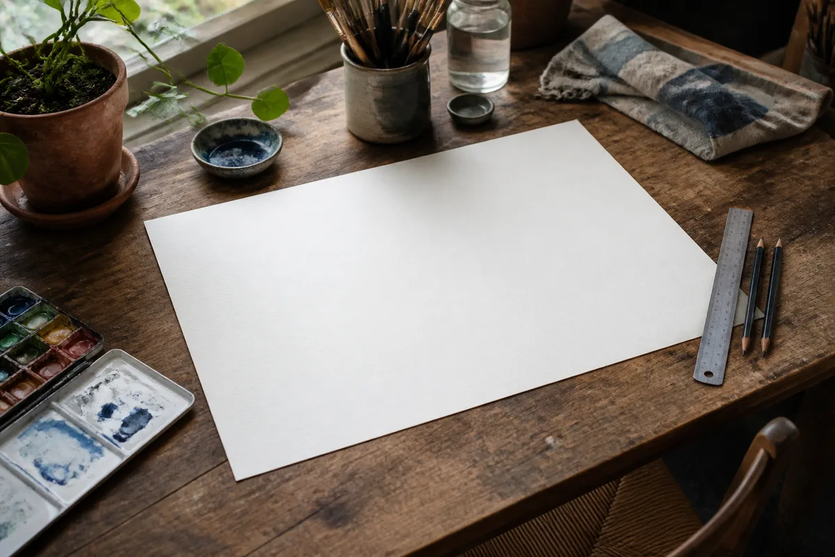 Feuille A3 posée sur une table de travail avec règle et crayons